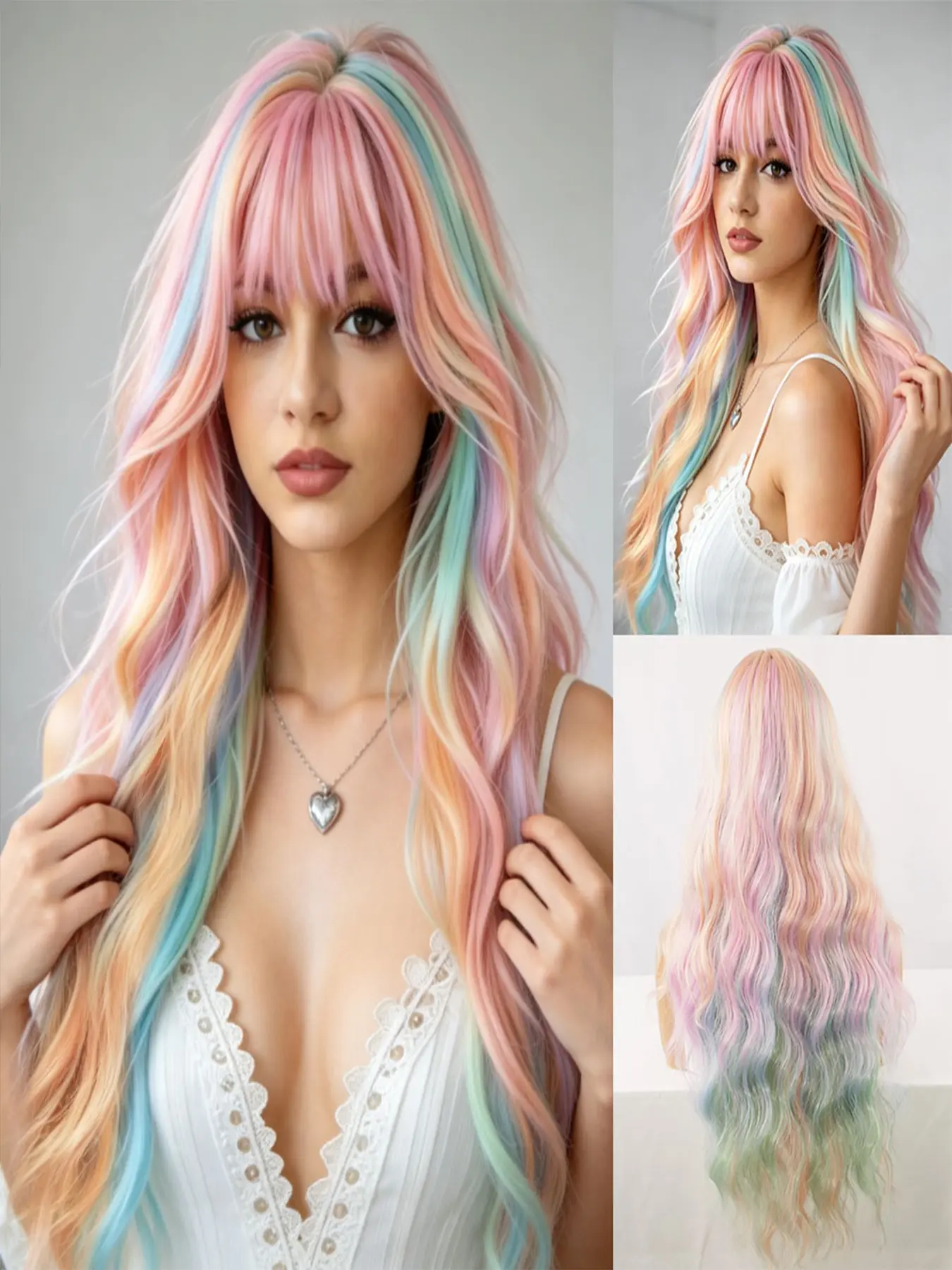 Costume Cosplay Wig Women's Long Rainbow Color Wavy Wig With Bangs, Colorful and Vibrant, Rainbow Gradient Heat Resistant Synthetic Wig, For Carnival/Music Festival/Theme Parties/Christmas/Halloween Cosplay