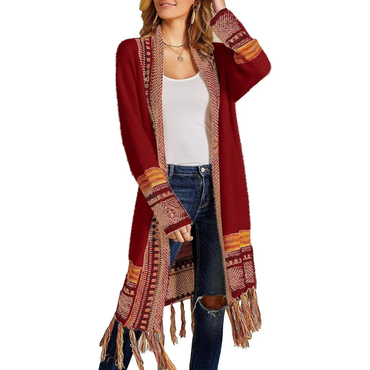 Women Boho Cardigan Sweater Long Open Front Maxi Knit Sweaters Aztec Tribal Tassel Fringe Thin Coat
