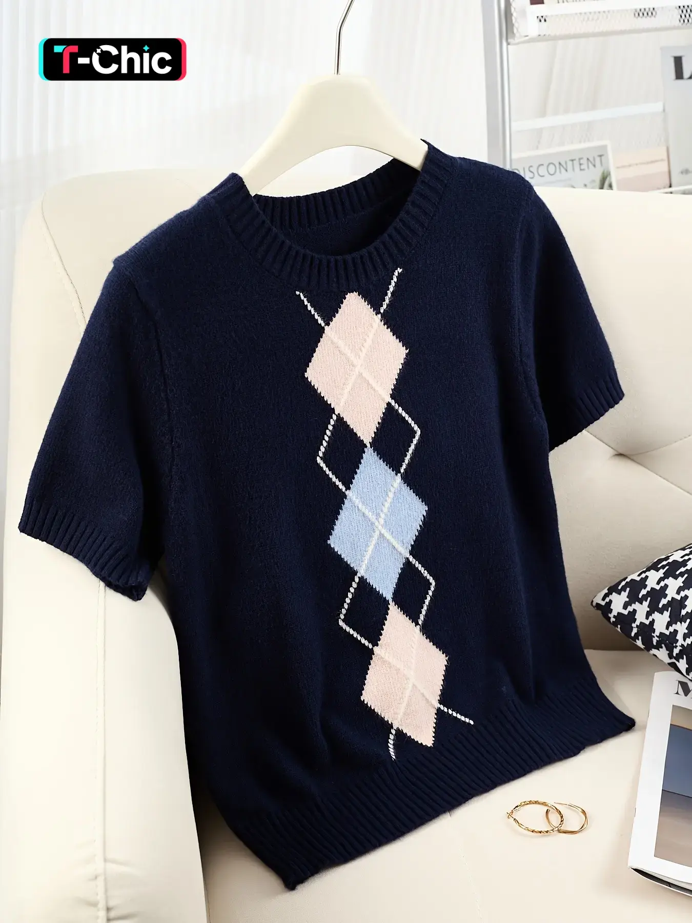 Women's Argyle Geometric Round Neck Slim Fit Knit Short Sleeve Top, Casual College Style T-Shirt, Perfect for Daily Commute Wear, Everyday