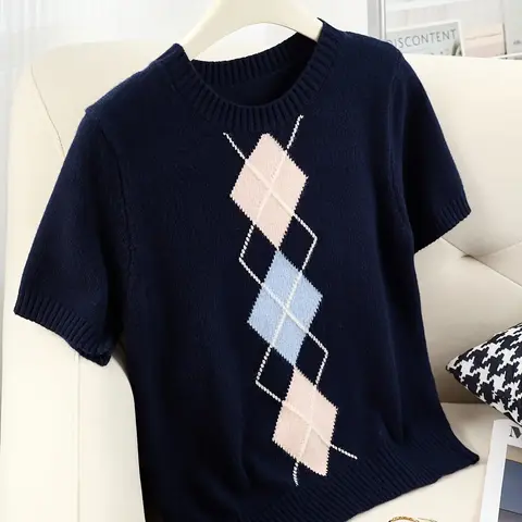 Women's Argyle Geometric Round Neck Slim Fit Knit Short Sleeve Top, Casual College Style T-Shirt, Perfect for Daily Commute Wear, Everyday