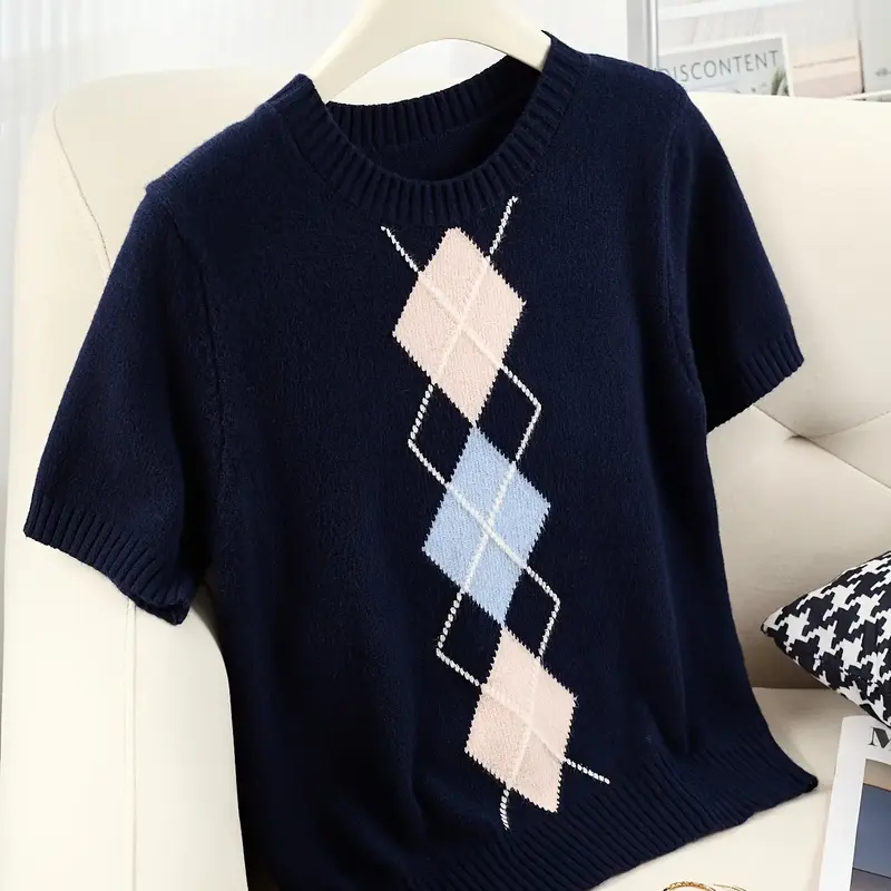 Women's Argyle Geometric Round Neck Slim Fit Knit Short Sleeve Top, Casual College Style T-Shirt, Perfect for Daily Commute Wear, Everyday