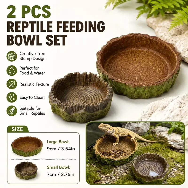 2pcs Reptile Feeding Bowl Set, Natural Tree Stump Food Water Dish, Terrarium Decor Feeder Bowl for Leopard Gecko, Bearded Dragon, Chameleon, Small Reptiles