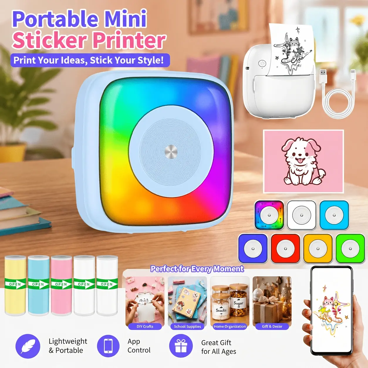 Portable mini pocket sticker printer, comes with 5 rolls of thermal sticker paper, 7 color modes, compatible with iOS and Android, ideal for scrapbooks, homework notes, photos, gift tags, and DIY crafts