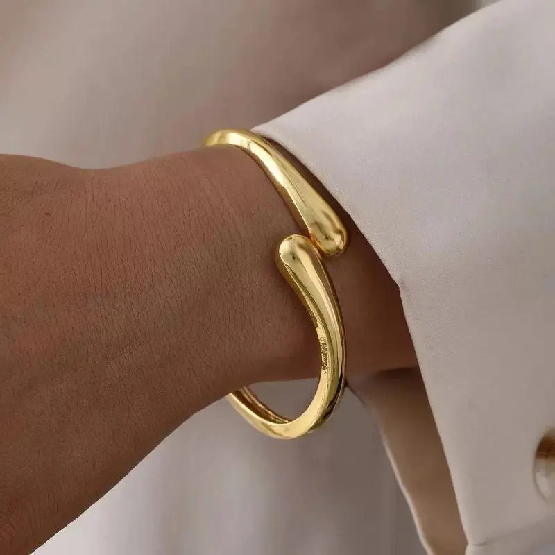 Stainless Steel Teardrop Shaped Bangle For Women Simple Chunky Gold Silver Color Adjustable Cuff Open Bracelet Fashion Jewelry
