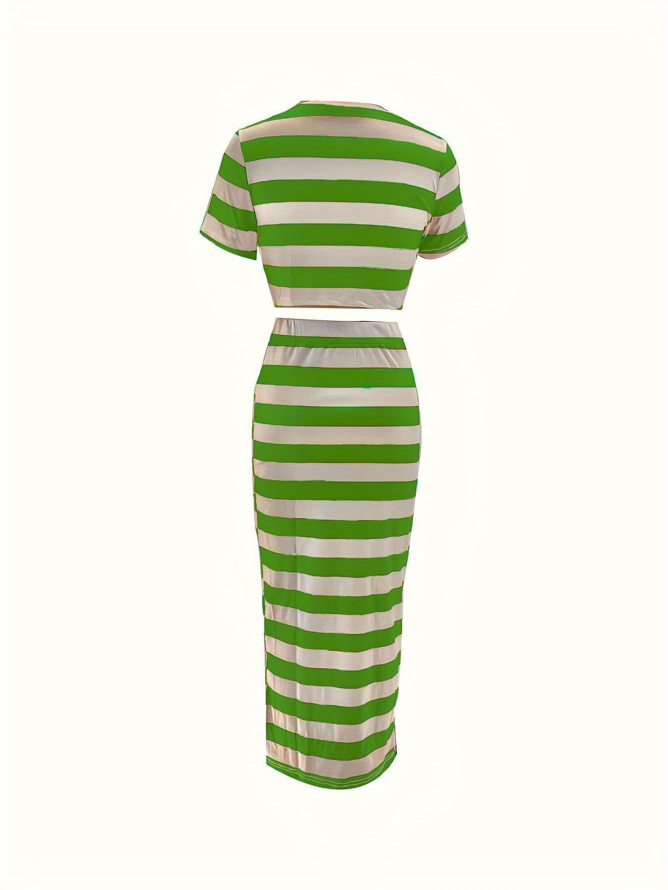 Two-Piece Set Women's Striped Print Round Neck Crop Tee & Split Hem Long Bodycon Skirt Set, Elegant Fashion Casual Cozy Breathable Womenswear Two Piece Outfits for Daily Outdoor Wear, Ladies Clothes for Summer