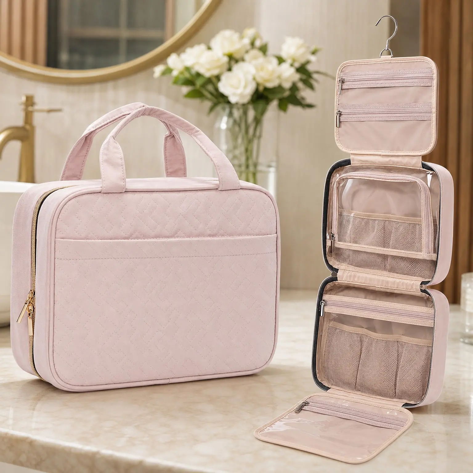 Portable Hanging Travel Toiletry Bag for Women, Makeup Organizer for Travel-Sized Shampoo, Conditioner, Brushes & Makeup Accessories, Medium, Pink