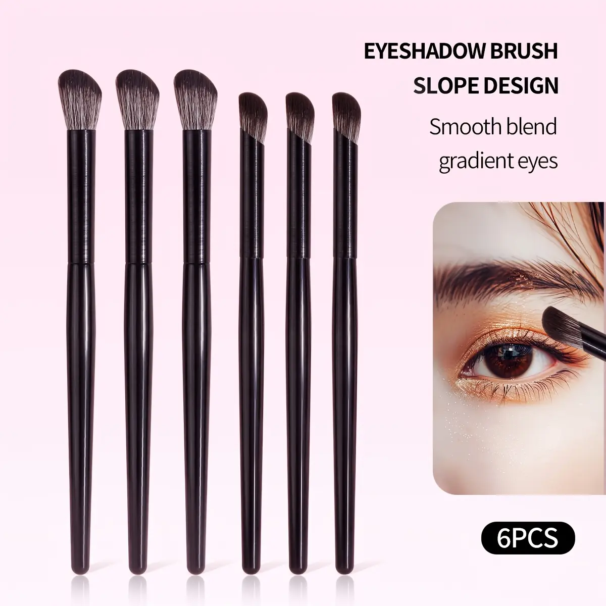 6 pcs black eyeshadow brush, beveled brush head, plastic handle, soft and fluffy, portable eye makeup tools, makeup brushes, beauty tools, home and outdoor, unisex