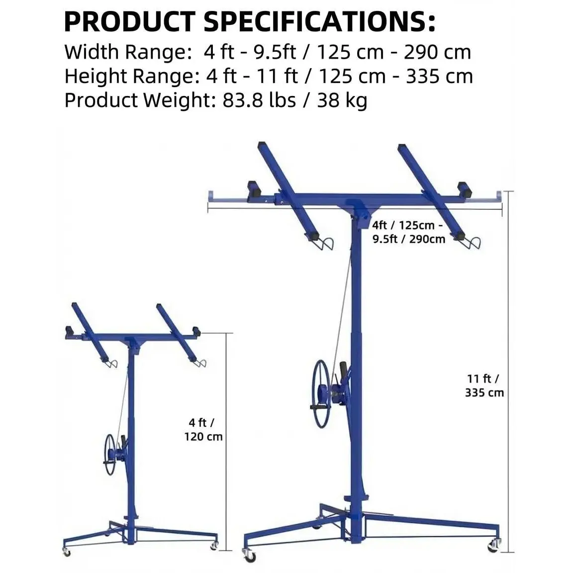 11 FT Drywall Lift - Heavy-Duty 150 Lbs Sheetrock Hoist with 360° Adjustable Telescopic Arm & 3 Lockable Wheels