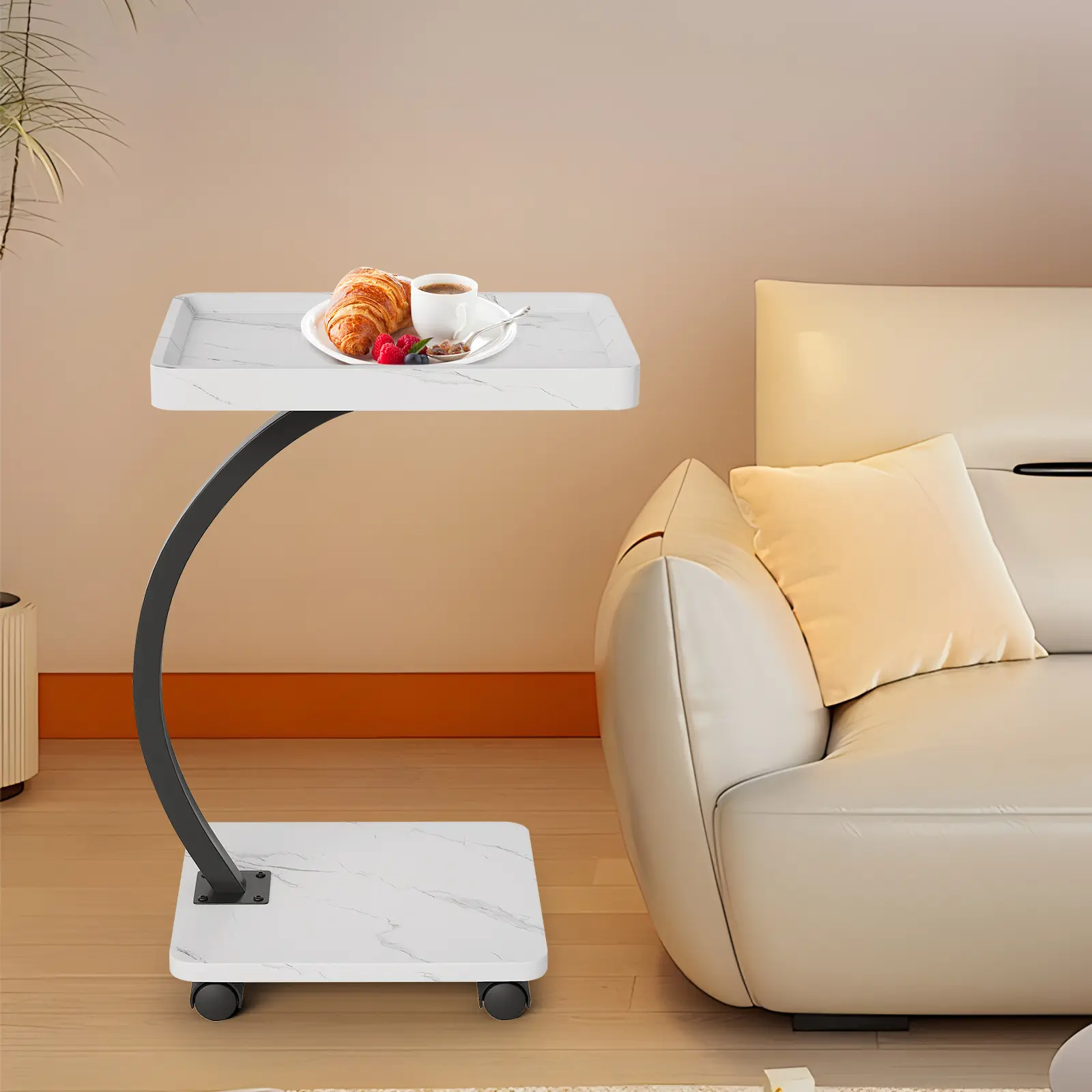 Sturdy C-Shaped Rolling Laptop Desk with Metal Frame, 2-Tier Roller Base Tabletop, Space-Saving Mobile Side Table for Sofa & Bedside Use, Easy to Move Indoor Furniture