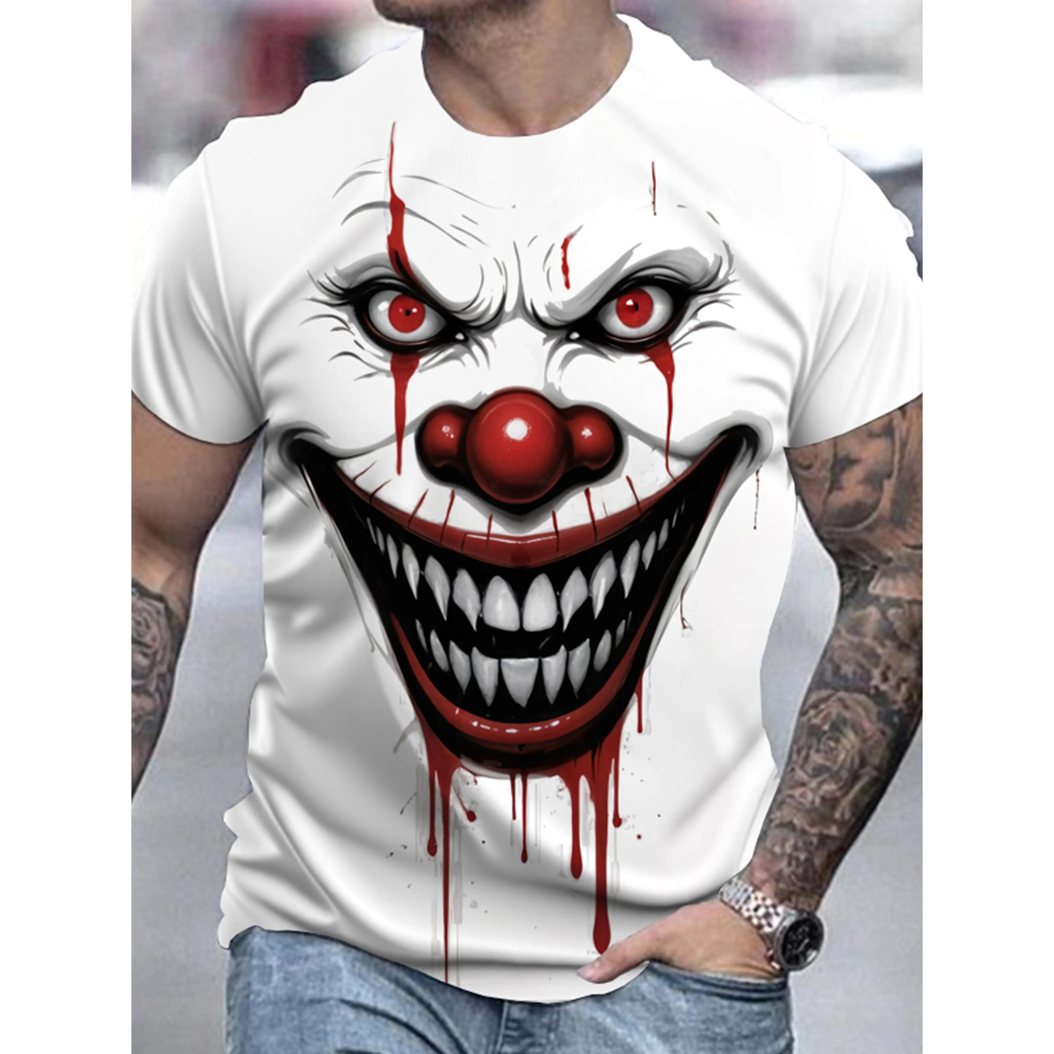 Men's 3D Clown Face Graphic T-Shirt, Relaxed Fit Round Neck Shortsleeve Streetwear Top, Casual Menswear for Halloween Parties, Tshirt, Party