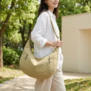 2 Sizes Women’s Lightweight Nylon Hobo Crossbody Bag, Casual Dumpling Crescent Shoulder Purse with Adjustable Strap, Splash Resistant Taffeta Multi Zipper Pocket Sling Bag for Daily Outdoor Travel Shopping
