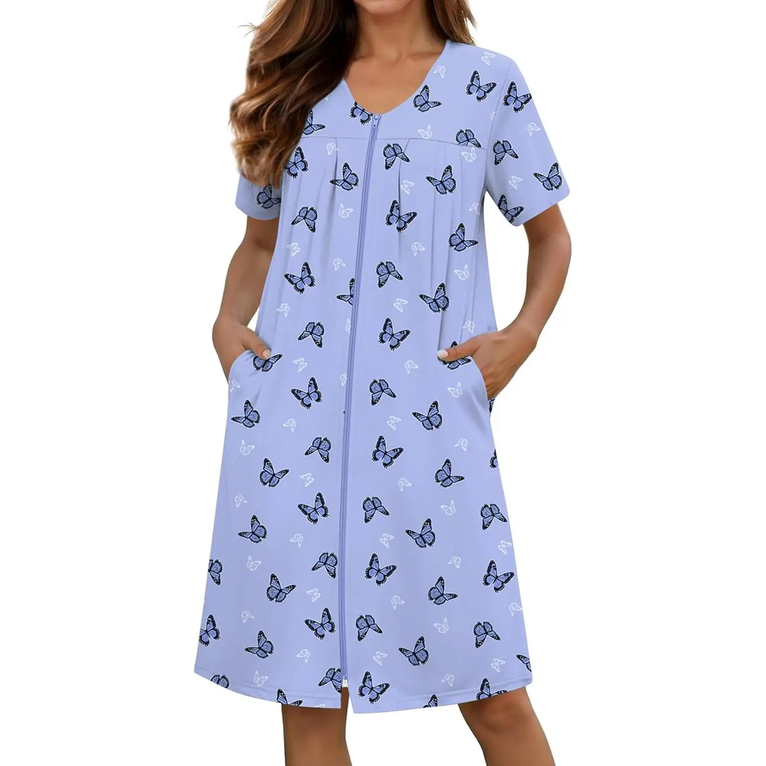 Women's Short Knit Zipper Bathrobe - Lightweight Knee-Length Nightwear with Pockets, Maternity-Friendly Loungewear Housecoat for Wear After Showering, S-3XL Casual Cardigan (S-3XL)