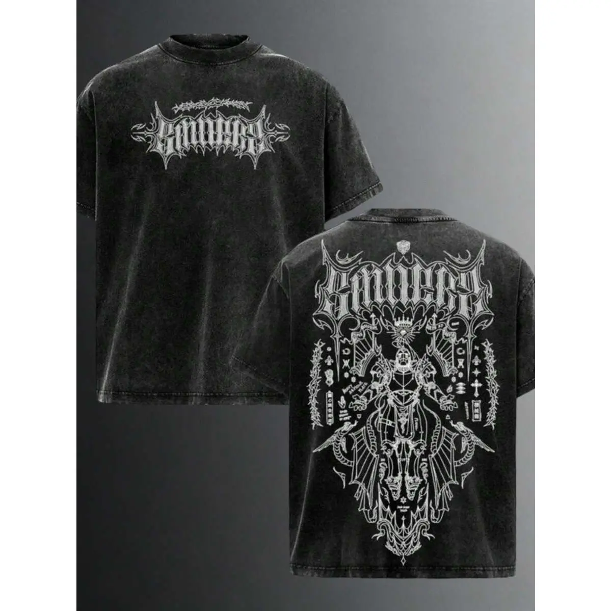 Aesthetic Retro Black Washed Gothic Short Sleeve T Shirt Ornate Occult Warrior Back Graphic Metal Text Front Print Dark Punk Casual Streetwear Cotton Top