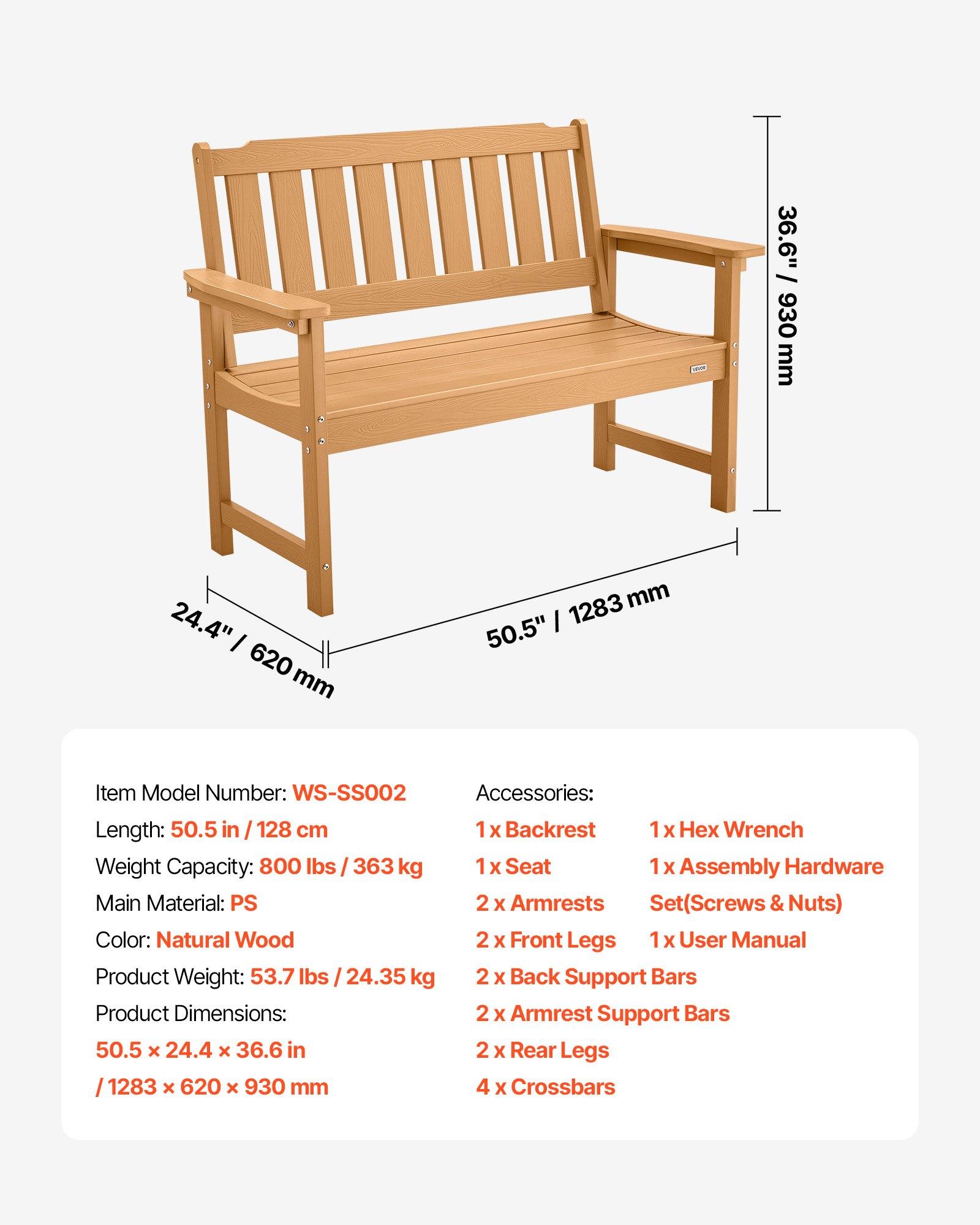 VEVOR Outdoor Bench, 50.5 inch, 800 lbs Weight Capacity for 2-3 Persons, Weatherproof Plastic Frame with Backrest and Wide Armrests, Outside Bench for Patio, Garden, Park, Yard, Natural Wood Color