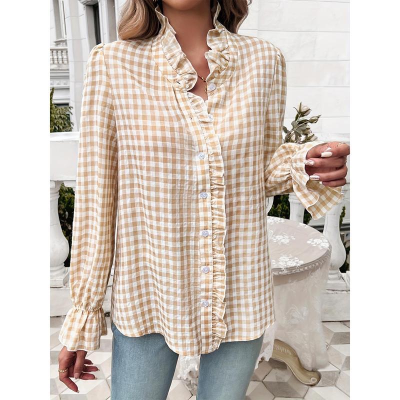 [ Gingham Shirt] Women's Stylish Long Sleeve Gingham Button-Shirt - Light Blue & White Checkered Pattern, Ruffle Detail, Professional Business Look, Machine Washable Cute Fabric