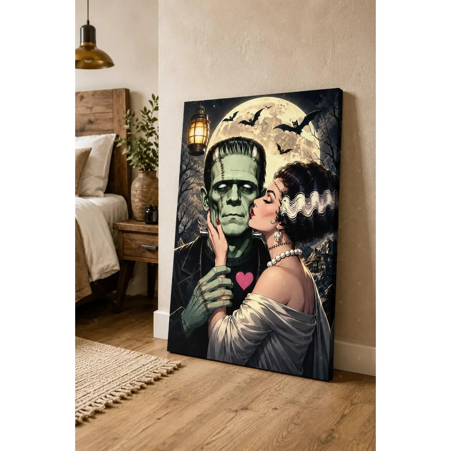 Frankenstein & Bride Romantic Full Moon Canvas poster wall decor, Vintage Halloween Gothic Couple Wall Decor Bedroom Dark Gothic Home Decor