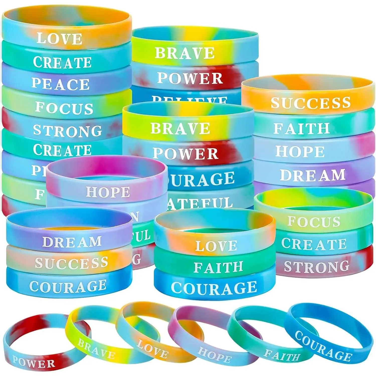 60 count Skylet Motivational Wristbands Bulk Inspirational Rubber Bracelet | Colorful Tie Dye , for  Classroom Rewards Prizes,  to School Student Party Favors, 15 Styles
