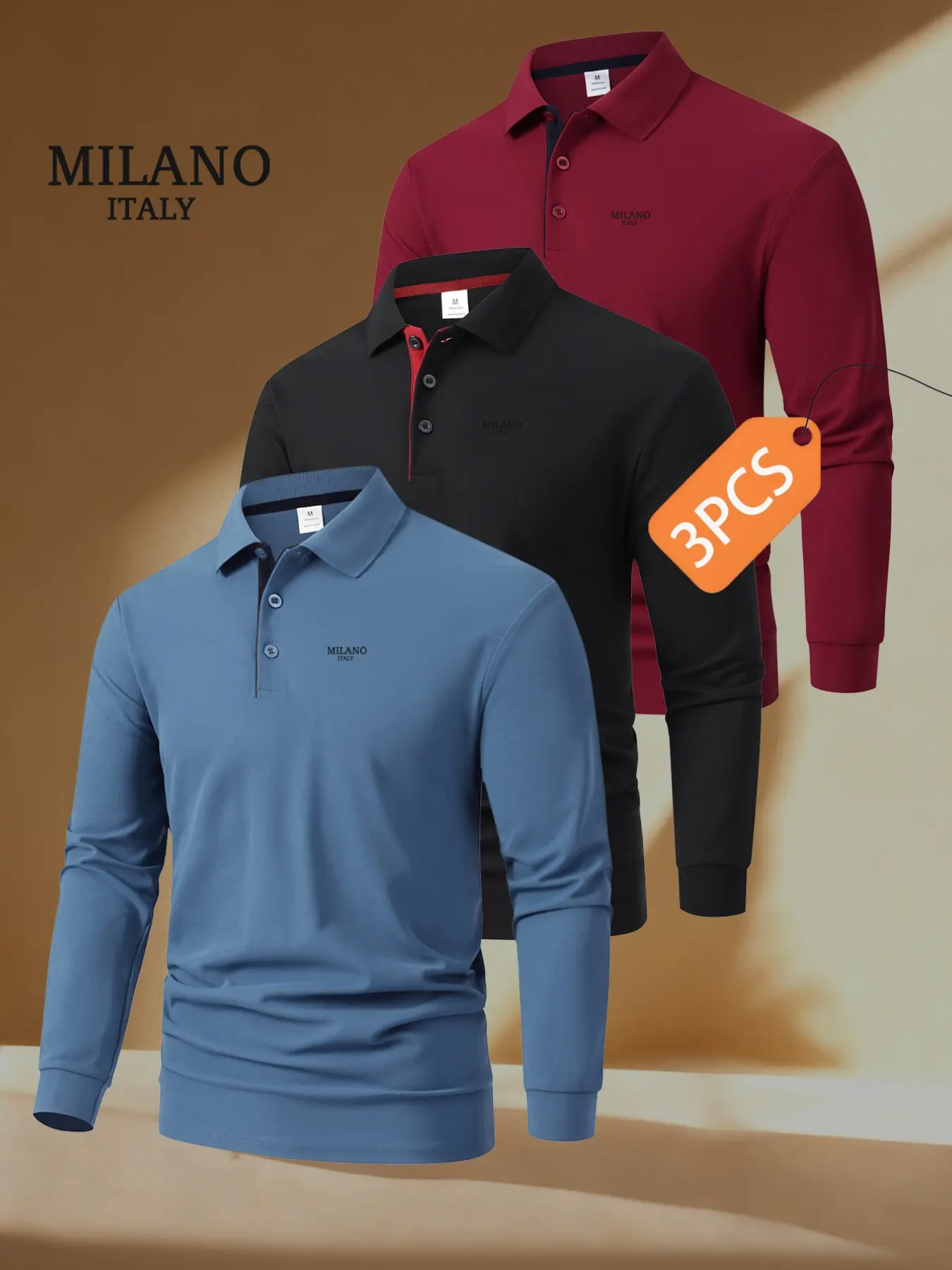 3-Pack Milano Men's Long Sleeve Classic Polo Shirts, Geometric Print, Slim-Fit, Casual Style, All Seasons, Comfortable and Versatile