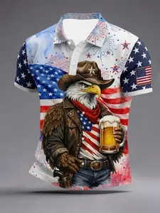 Men's American Independence Day 250th Anniversary Cowboy Eagle Beer Memorial Fitted Casual Collared Short Sleeve Shirt, Patriotic Casual Polo for All Seasons