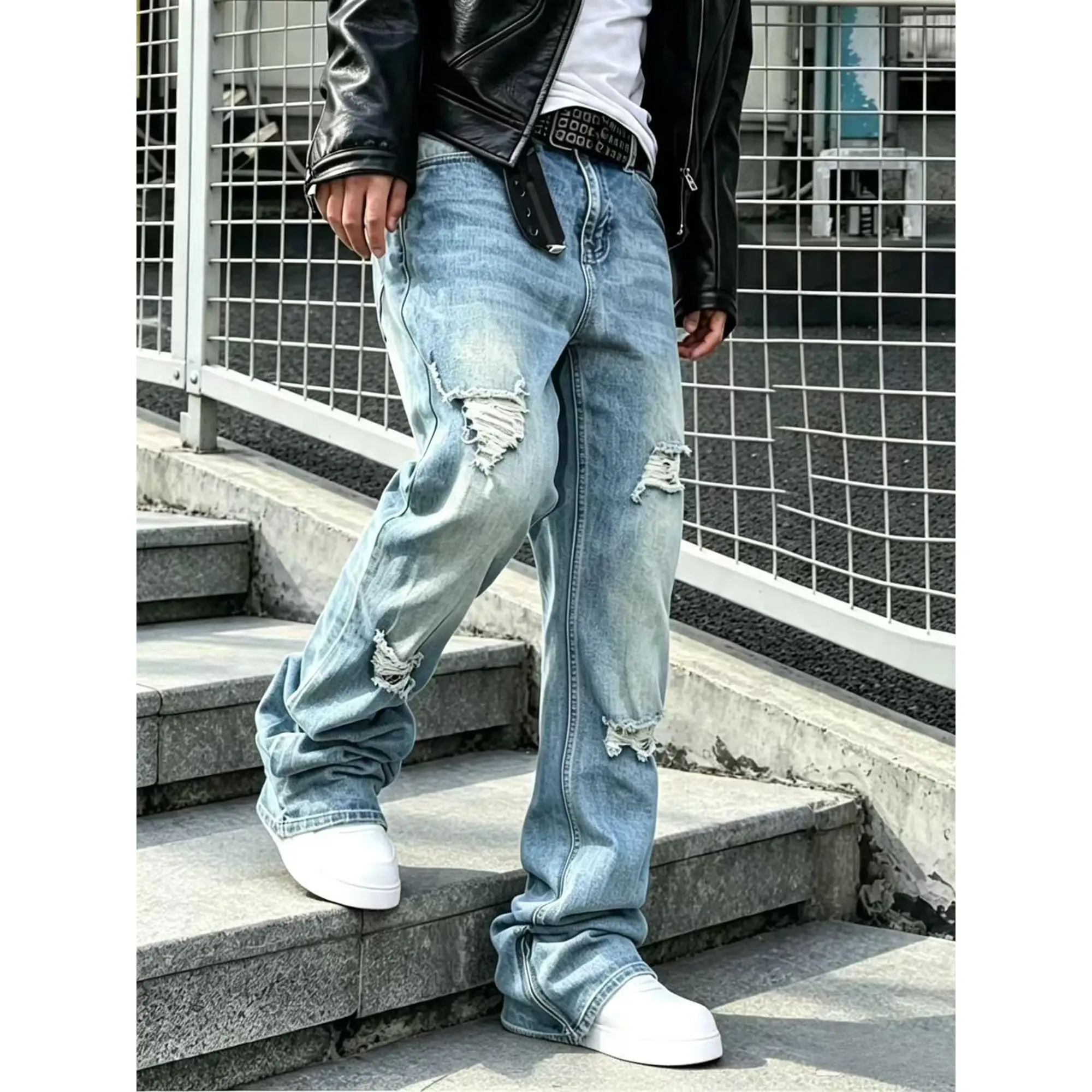 Men's Straight‑Leg Vintage‑Blue Jeans‑Mid‑Rise, Stretch Cotton Blend, Leg Zipper Design, Street‑Style, Ripped Details, Comfortable & Versatile, Ideal for Trendy Outfits, Fashion Slim‑Fit Long Jeans, Durable Fabric