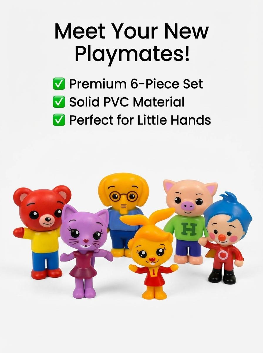 6 PCS Plim Plim Action Figures Set Mini PVC Cartoon Toys Cute Clown & Animal Friends Collectible Model Dolls for Kids Birthday Party Favors Cupcake Toppers Baby Shower Decorations Boys Girls Toddlers Gift Viral Nursery Figure