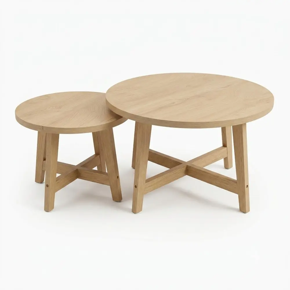 Set of 2 Round Nesting Coffee Tables, Natural Wood Finish Modern Side Tables, X-Shaped Frame Stackable End Tables for Living Room, Bedroom, Balcony