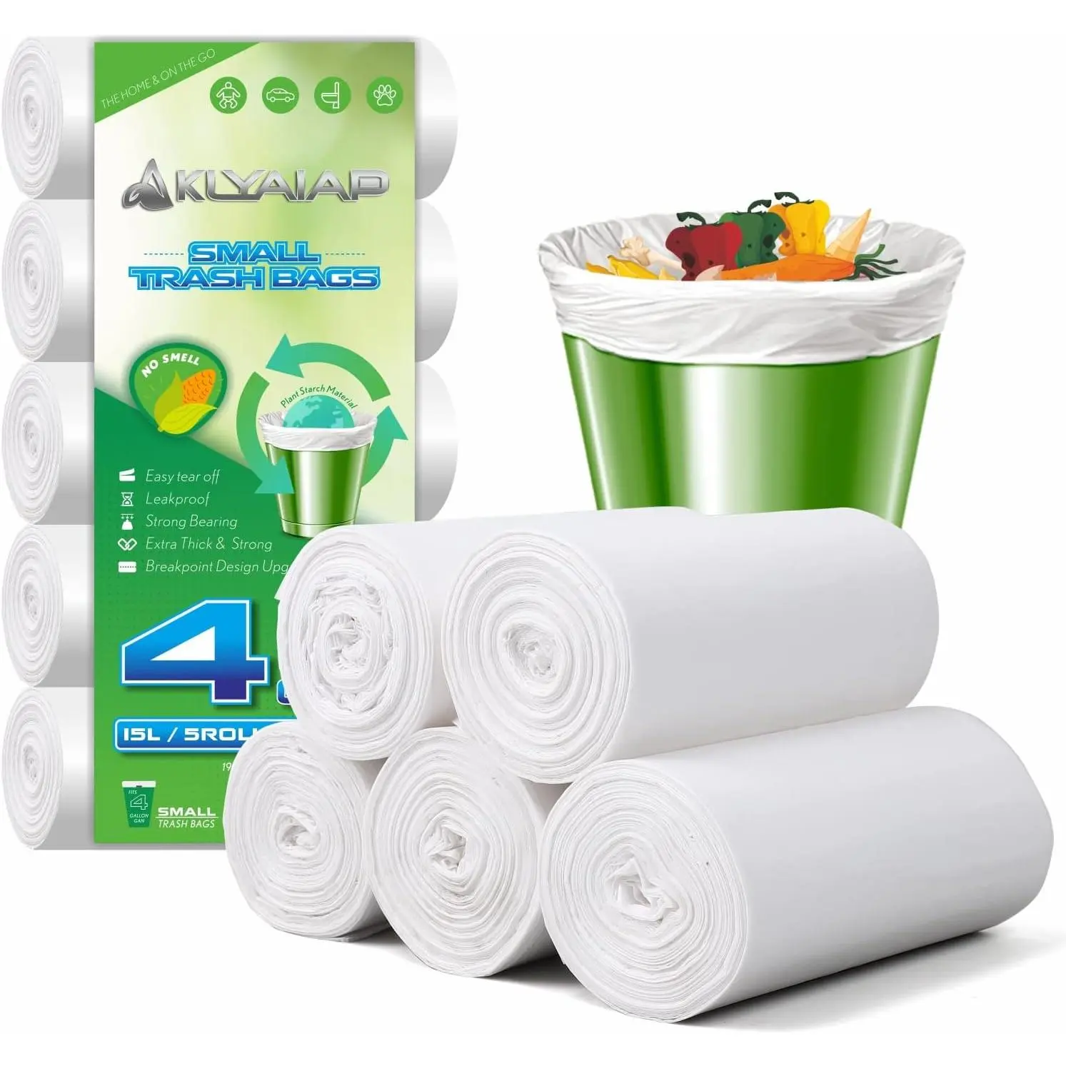 220 Count 4 Gallon Biodegradable Trash Bags, 5 Rolls, Leak and Tear Resistant, Unscented White Bags for Bathroom, Kitchen