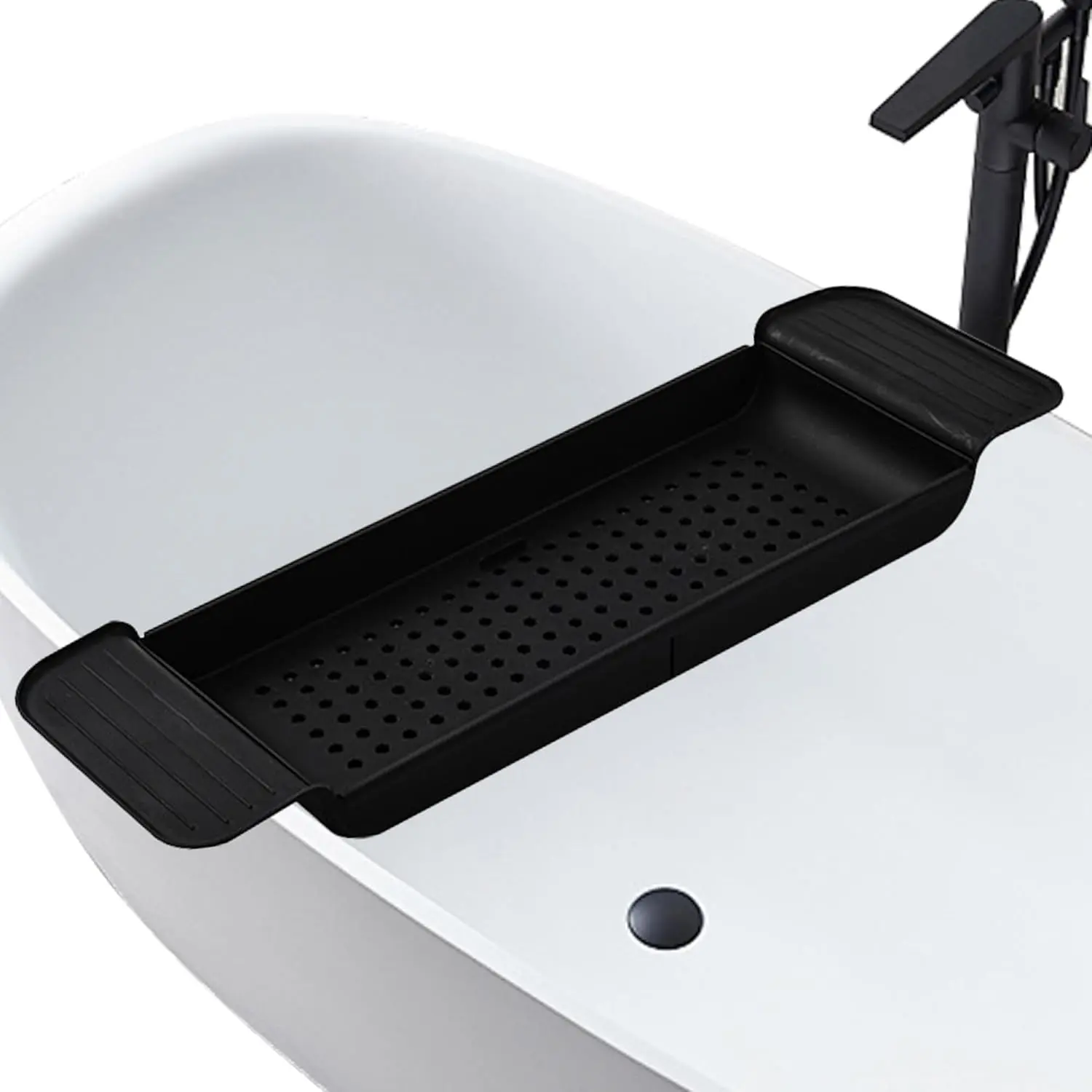 Modern Black Plastic Bathtub Caddy Tray for Adults, Adjustable Extendable-Stretchable Foldable Anti-Slip Bath Organizer with Tablet, Phone, Wine Glass Holders, No Warning Applicable