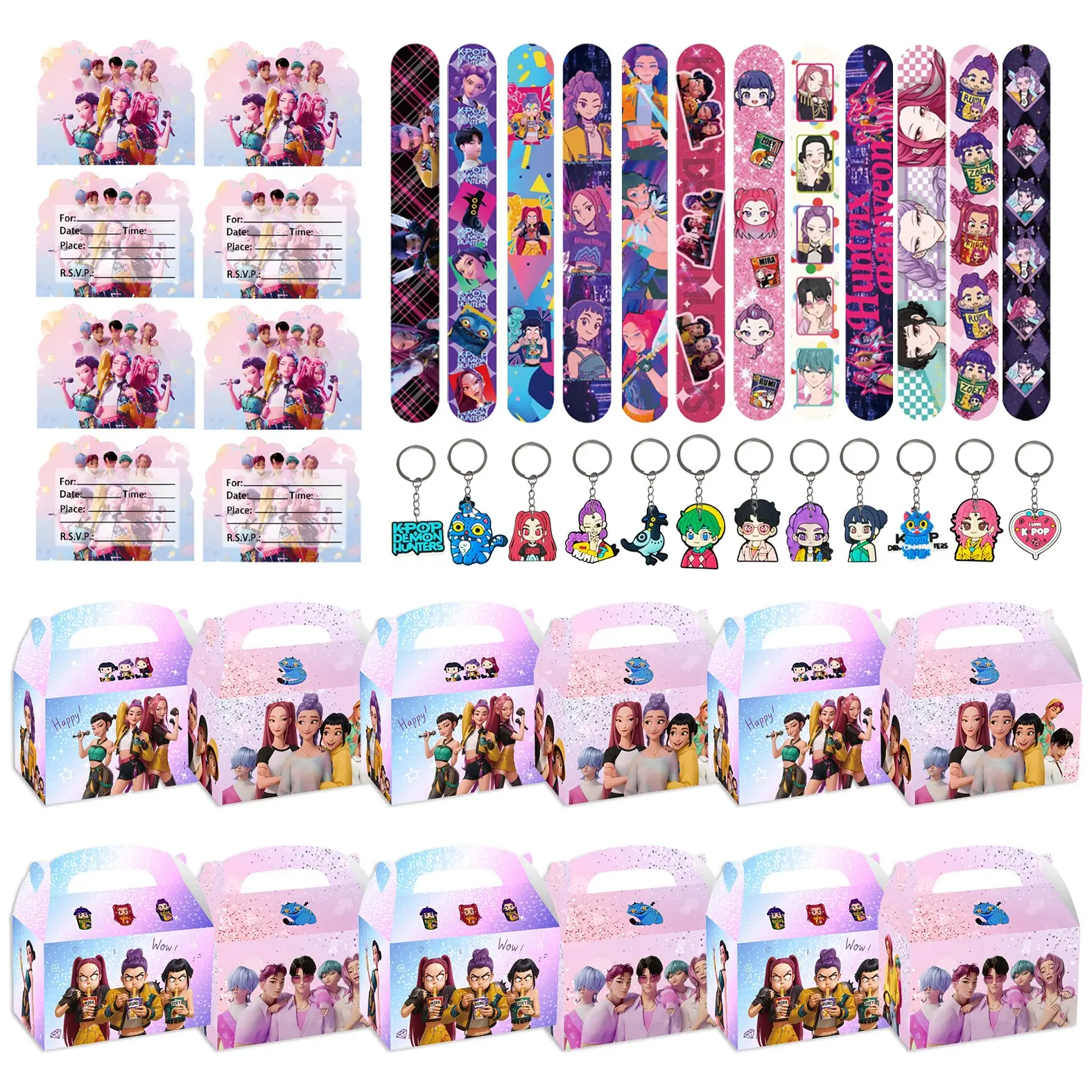 Korean cartoon girl group party dreamy gift set of 4, including 12 wristbands, 12 keychains, 12 gift suitcases, and 12 pink invitation cards. Pink invitations start the grand event, and the gift box stores the gentle party