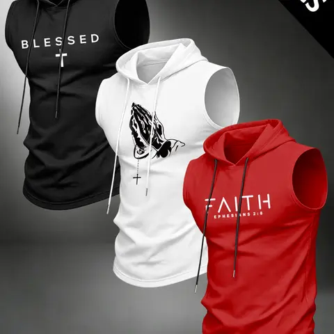 Men's 3-Pack, Hooded Sleeveless Fitted Graphic Fitness Fashion Tops, Ideal for Gym and Running, Summer Breathable Workout Top, Casual Sportswear