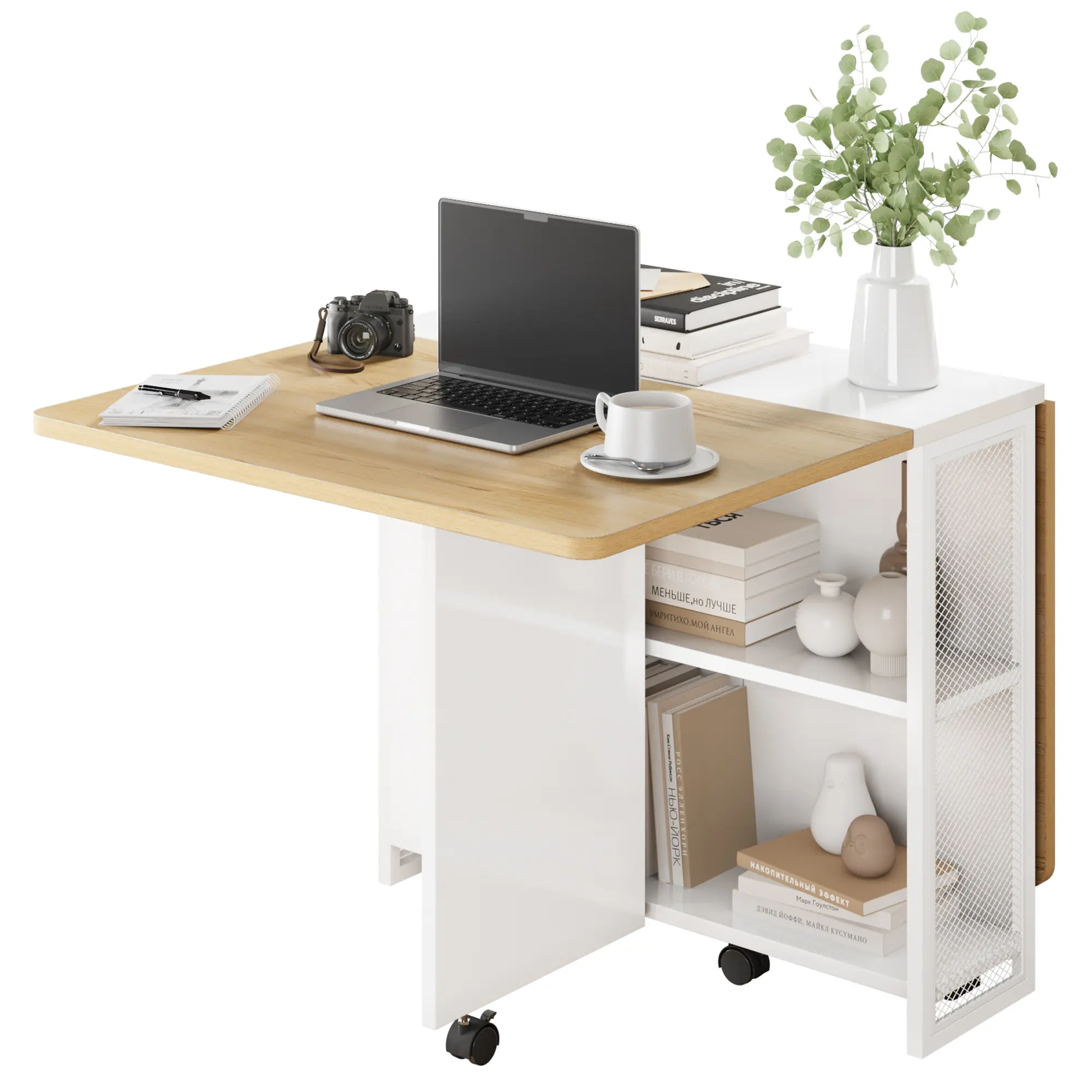 Space-Saving Drop Leaf Folding Dining Table - Extendable Rectangular Kitchen Table/Desk for Small Spaces, 6 Wheels, 2-Tier Storage Shelves - Collapsible Fold-Out Design