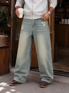 Men’s Baggy Wide Leg Jeans, Washed Straight Denim Pants with Faded Texture and Distressed Rip Details