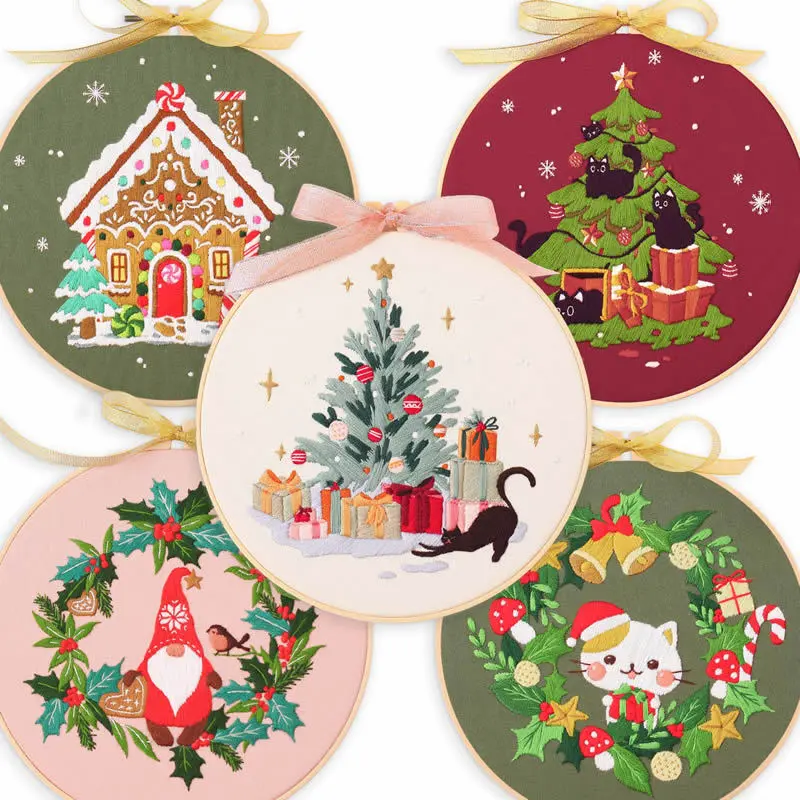 Christmas Embroidery Kit for Beginners, DIY Cross Stitch Set with Printed Fabric and Hoop, Hand Sewing Holiday Needlework Project