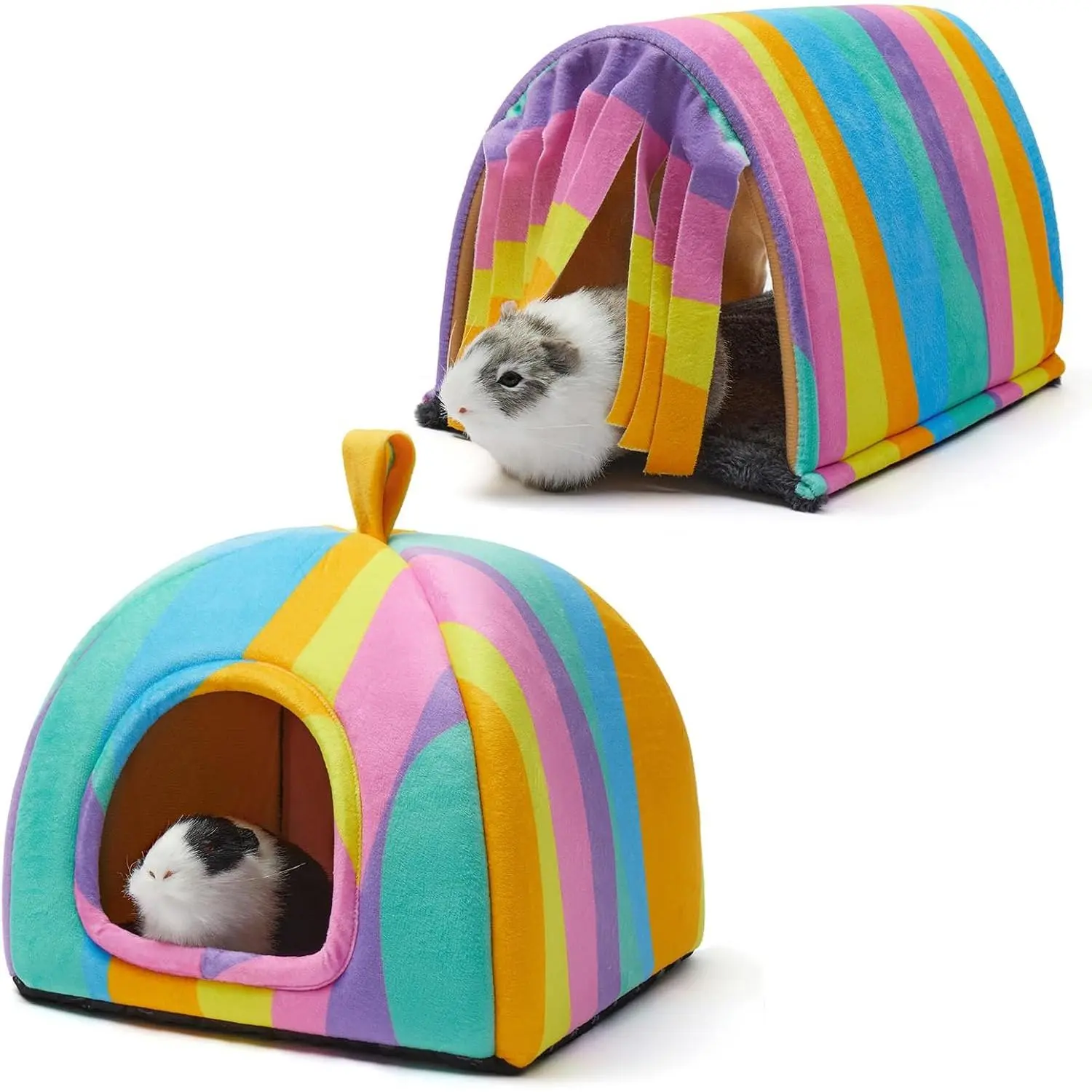 Guinea Pig Hideout Soft Large Bed Tunnel with Door Curtain 2 Pack Guinea Pig Toys Set Bunny Bed Cage Accessories for Small  (Rainbow)