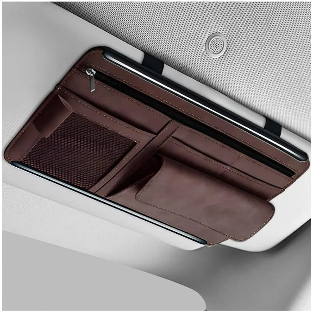 Sun Visor Organizer, Leather Sun Visor Pocket Organizer Case with Multi-Pocket Net Zipper, Suede Note Holder  Visor Storage Pouch for Card Pen Sunglasses Document (Brown)