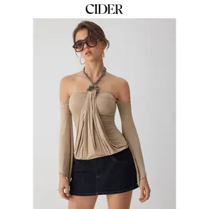 Cider Halter Neckline Draped Metal Detail Top