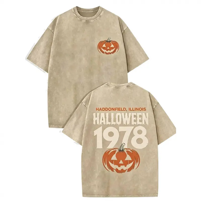 Halloween 1978 Haddonfield Vintage Washed T-Shirt – Oversized Michael Myers Pumpkin Graphic Tee for Men, Horror Movie Casual Shirt, Gift for Halloween Fans