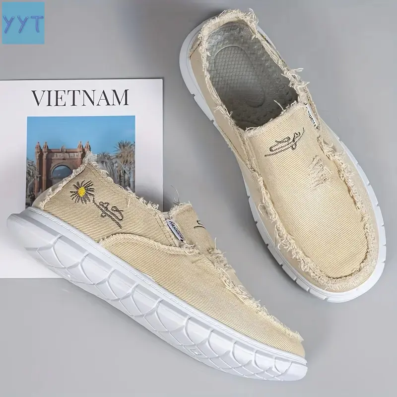 YYT1 Men's Black Canvas Flat No-Tie-On Loafers --Resistant Sole, Floral Daisy Embroidery, Comfort Espadrille Shoes Daily & Outdoors Wear, Footwear, On Style