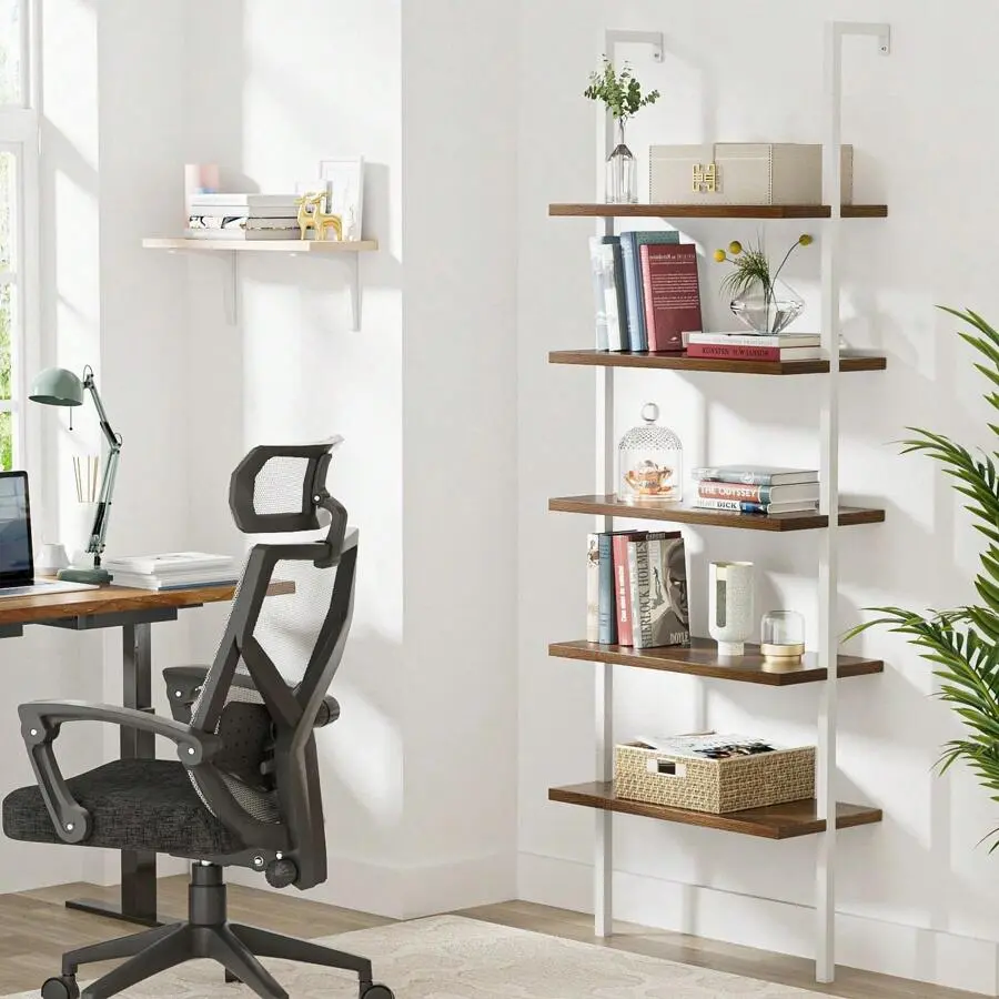 5-Shelf Wood Modern Bookcase, Open Wall Mount Ladder Bookshelf With Industrial Metal Frame