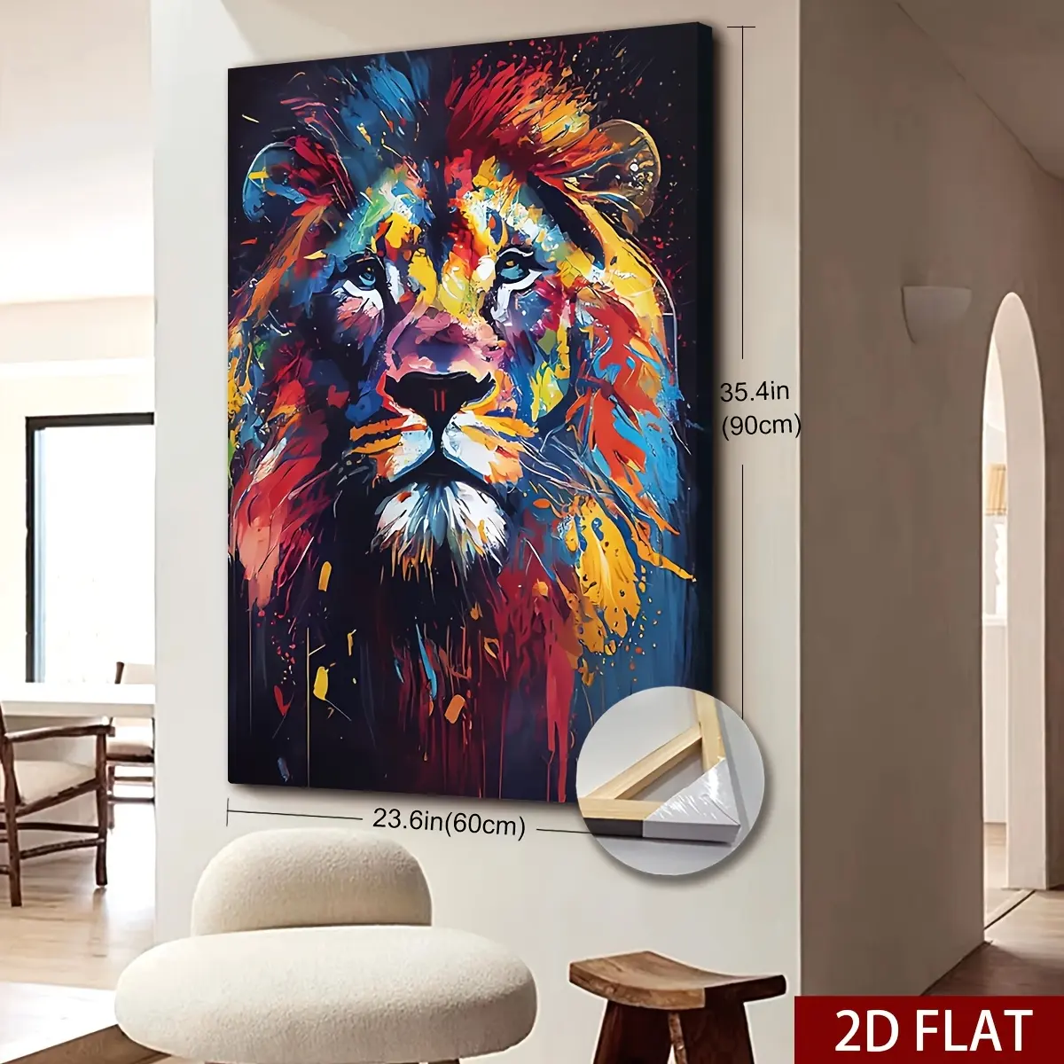 2D flat, 1 piece wooden frame oversized canvas wall art, lion print wall art, graffiti art canvas, lion head wall decoration, modern wall art, pre-framed canvas, ready to hang