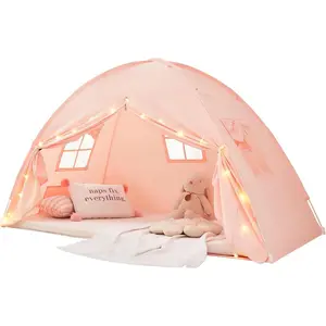 Bed Tent Bed Twin Size with Bottom,Kids Tent with Lights Foldable Bunk Bed Curtains for Girls Boys (Pink, Twin)