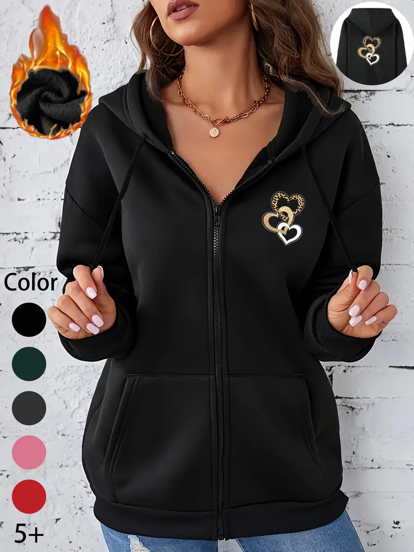 New Fall Winter Trendy Women's Sweatshirt, Fun Heart Print, 100% Polyester, Casual Sporty Outdoor Half Zip Hoodie, Comfortable and Versatile