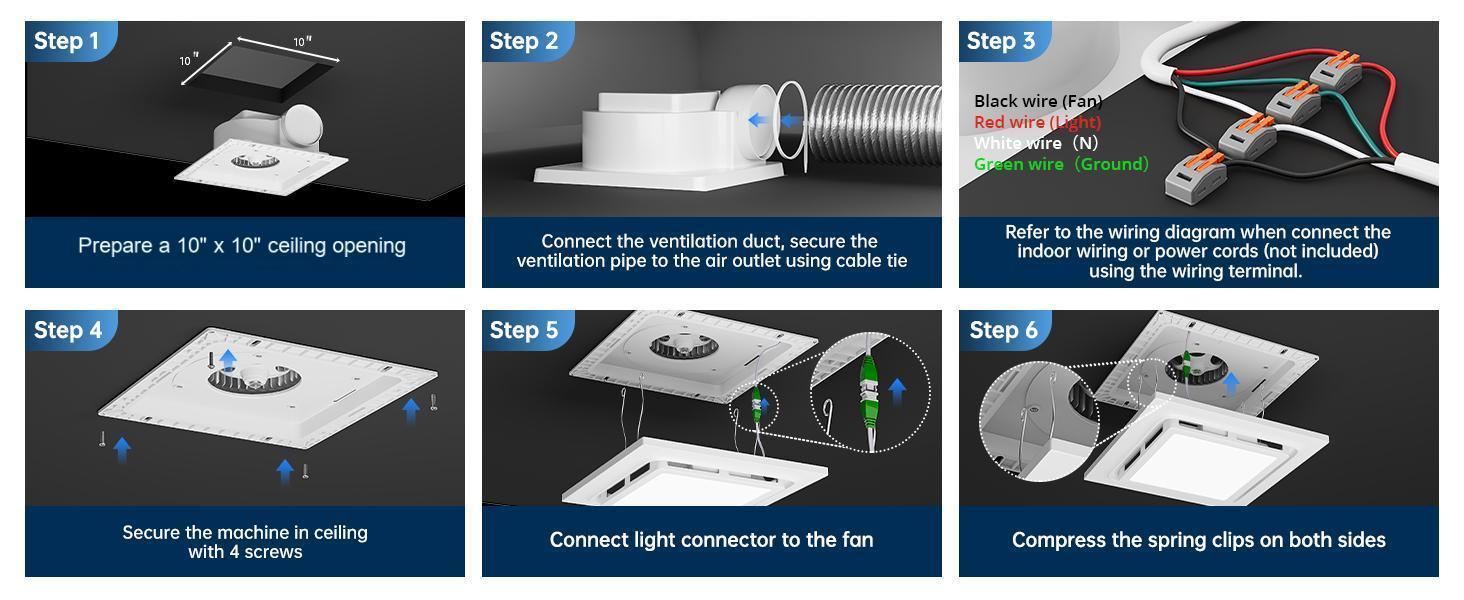 Bathroom Exhaust Fan with LED Light 8in 10in 140 CFM High Power Ventilation 3 Color Light Adjustable Energy Efficient Ceiling Ventilator 1.0 Sone Easy Install Remote Control ABS Panel