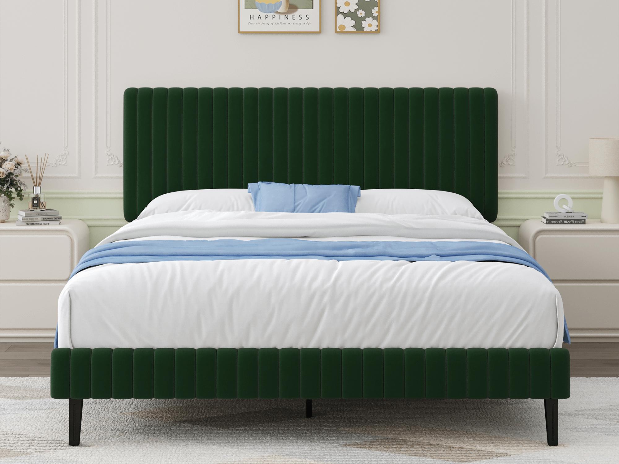 - Multi-Color Velvet Upholstered Bed Frame (White/Black/Pink/Green/Blue), Vertical Channel Tufted Headboard & Footboard, Multi-Size (Twin/Full/Queen/King), Soft Plush Comfort