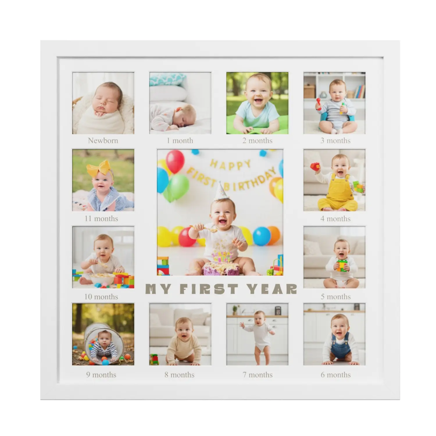 Baby Growth Collage Photo Frame, Wooden 12 Openings, Monthly Milestone Picture Frame, Newborn Memory Keepsake, Wall/tabletop Decor