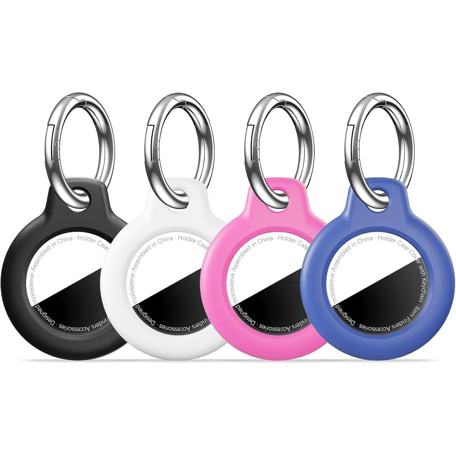 MOLOSLEEVE [4 Pack Case for AirTag 2nd Gen (2026) & 1st Gen, Holder Anti-Scratch Protective Cover for Air Tags, Men's Women's Keyrings & Keychains for Keys, Luggage, Black/White/Rose Red/Blue