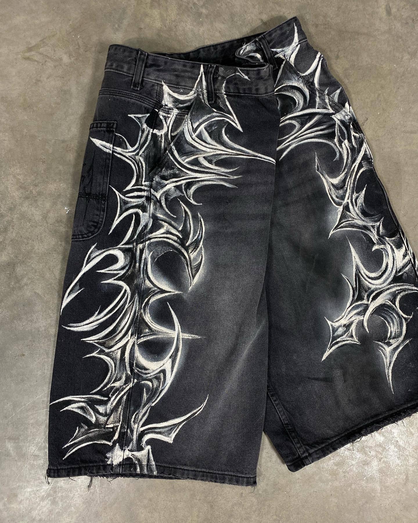 Unisex Vintage Gothic Denim Shorts, Summer Hip-Hop Harajuku Loose 5-Inch Shorts, Streetwear Casual Bottoms