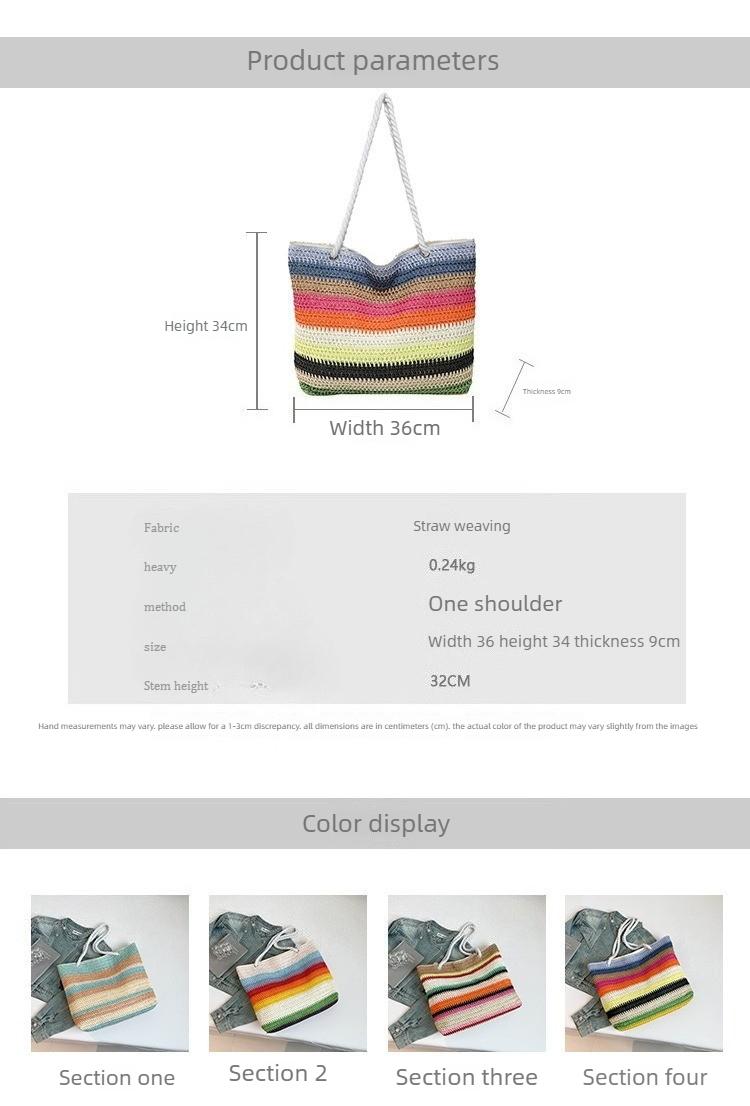 2026 New Women Fashion Shoulder Bag Rainbow Striped Color Block Straw Bag Large Capacity Beach Bag for Vacation