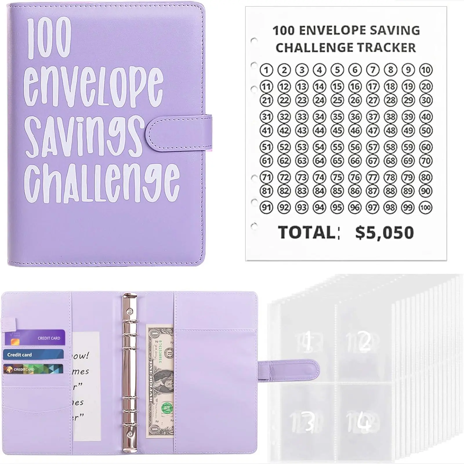 100 Envelopes Money Saving Challenge - A5 Money Saver Budget Binder Book with Cash Envelopes and Numbers, 100-Days of Easy and Funny Ways to Save $5,050 Cash Envelope Challenge Binder, Purple