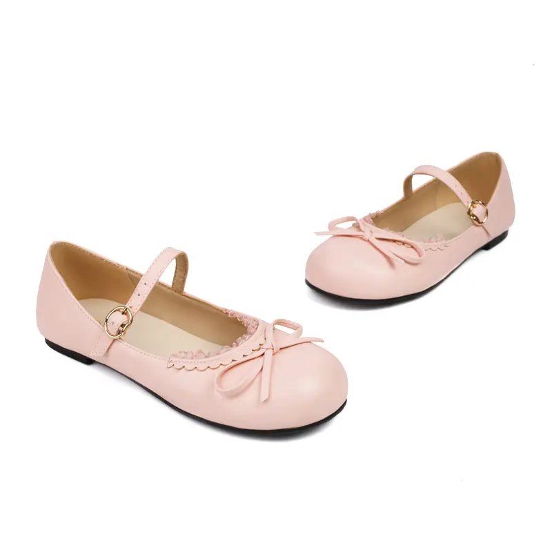 Spring Autumn Pink White Mary Janes Flat Shoes Woman Round Toe Buckle Strap Lolita Girls Student Ballet Flats Plus Size 43 44 45
